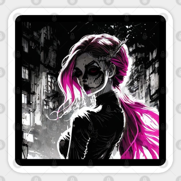 Shades of Mystery: Captivating Black and White Anime Girl Renderings Horror Goth Gothic Dark Pink Hair Fashion Sticker by ShyPixels Arts